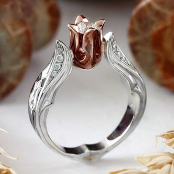 Fashion Ring Dark Rose Gold-Plated Rose Petals in Platinum-Plated Setting Size 8 - Picture 4 of 6
